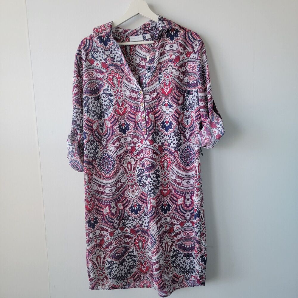 New York & Company womens dress size L paisley print roll tab sleeve popover